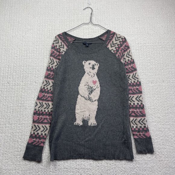American Eagle Outfitters Love Polar Bear Grey / Pink Nordic Sweater Wom M - Picture 1 of 14